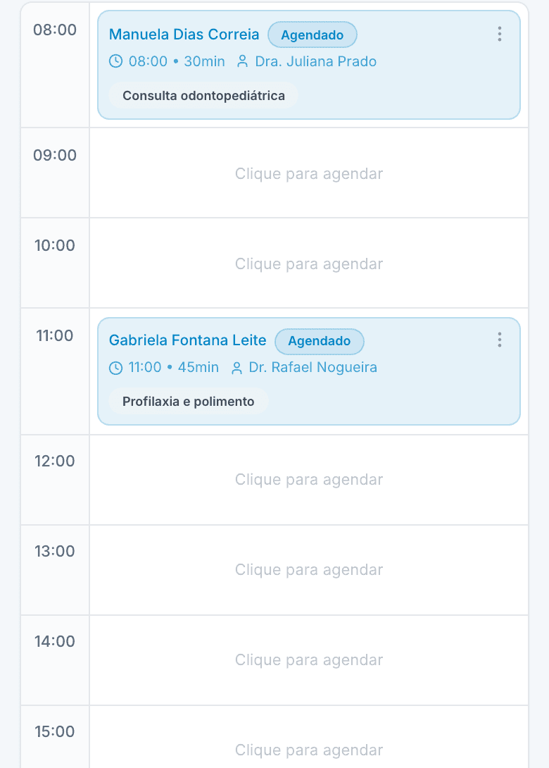 Agenda do dia do OdontoZyon aberta no navegador de um celular, em uma clínica de demonstração.