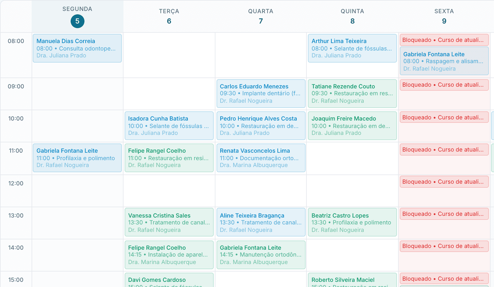 Agenda semanal do OdontoZyon com consultas de três dentistas organizadas por dia e horário, em uma clínica de demonstração.