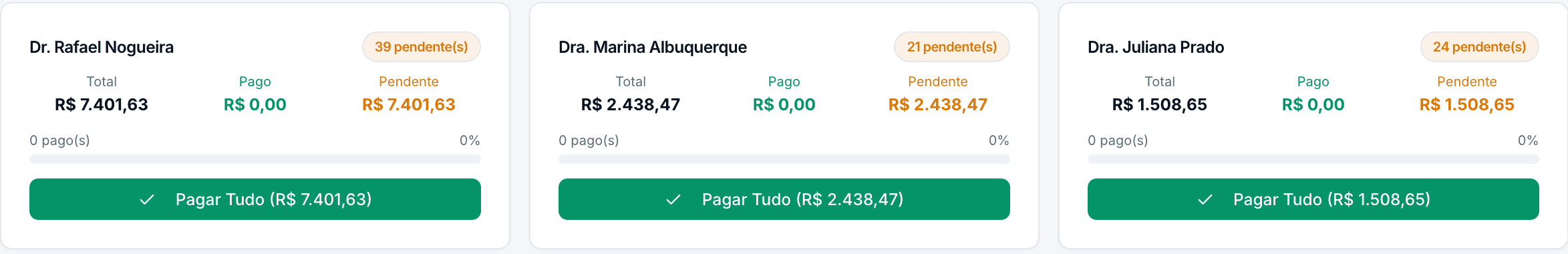Tela de comissões do OdontoZyon com o resumo de setembro por dentista: total, pago e pendente de três dentistas, em uma clínica de demonstração.