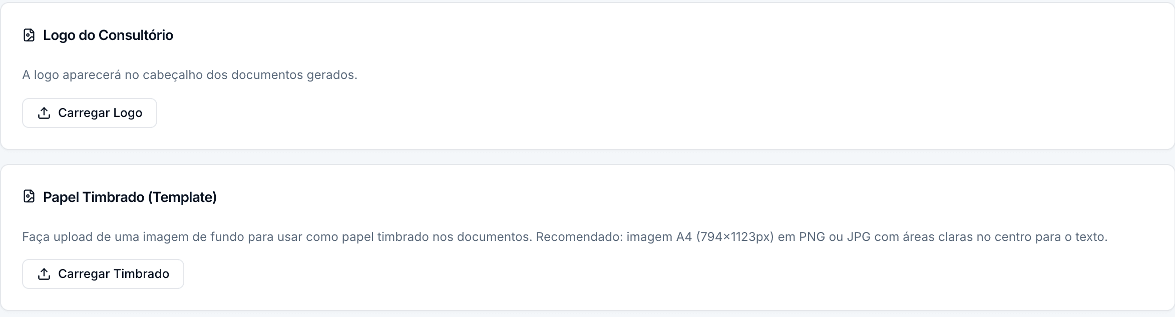 Tela de configurações do OdontoZyon com as opções de carregar o logo do consultório e o papel timbrado dos documentos, em uma clínica de demonstração.